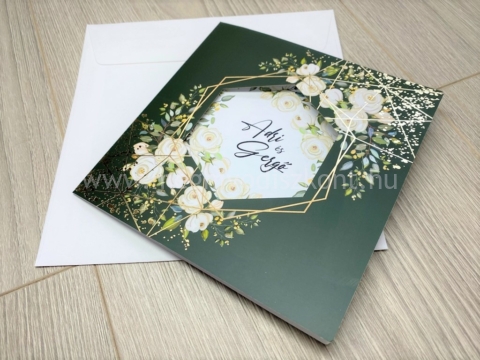 Anubiasz zöld esküvői meghívó és borítékja oldalról