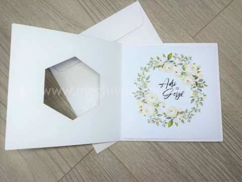 Anubiasz esküvői meghívó borítója kinyitva és a betétlap első oldala nyomtatva