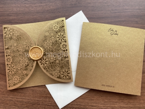 Arany Porcelán lézervágott gyöngyházfényű esküvői meghívó betétlapja és borítója külön
