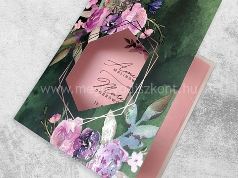 Zöld virágmintás borítóban rózsaszín betétlap az Azálea meghívónál