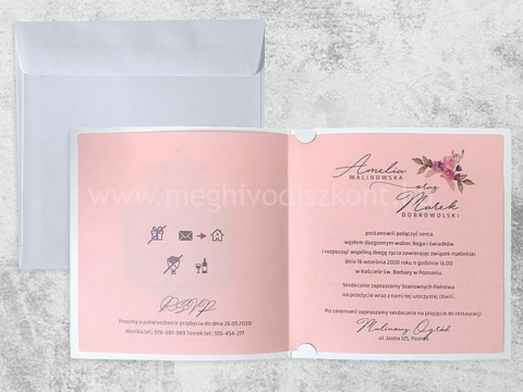 Azálea esküvői meghívó kinyitott és nyomtatott rózsaszín betétlapja