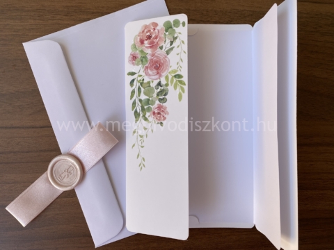 Bazsarózsa esküvői meghívó borítékja és felnyitott borítója