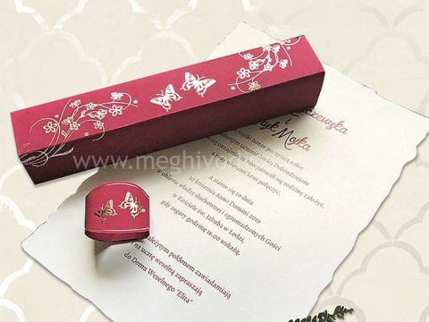 Bordó Papillon esküvői meghívó doboza és betétlapja