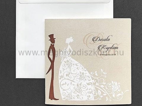 Ekrü Cinderella gyöngyházfényű meghívó kívülről és a hozzá tartozó boríték