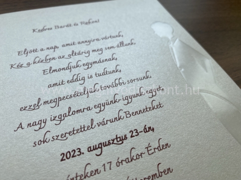 Ekrü Elza gyöngyházfényű esküvői meghívó nyomtatott része