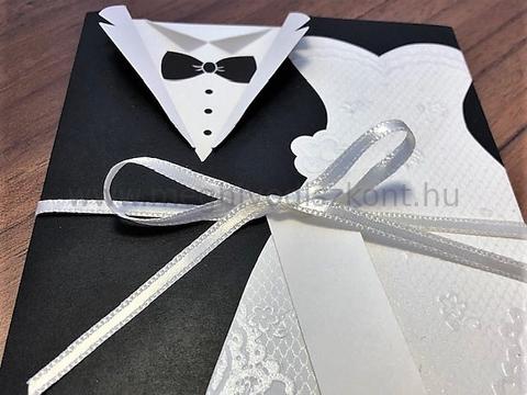 Jegyespár esküvői meghívó átkötött fehér selyemmasnival